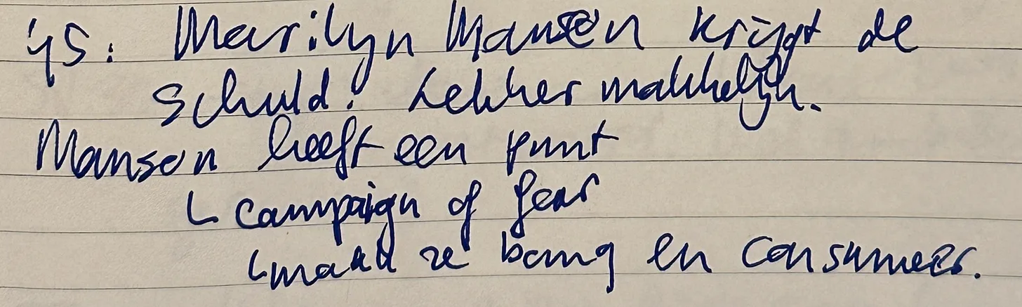 Handwritten note: Marilyn Manson gets the blame, with a remark on the campaign of fear